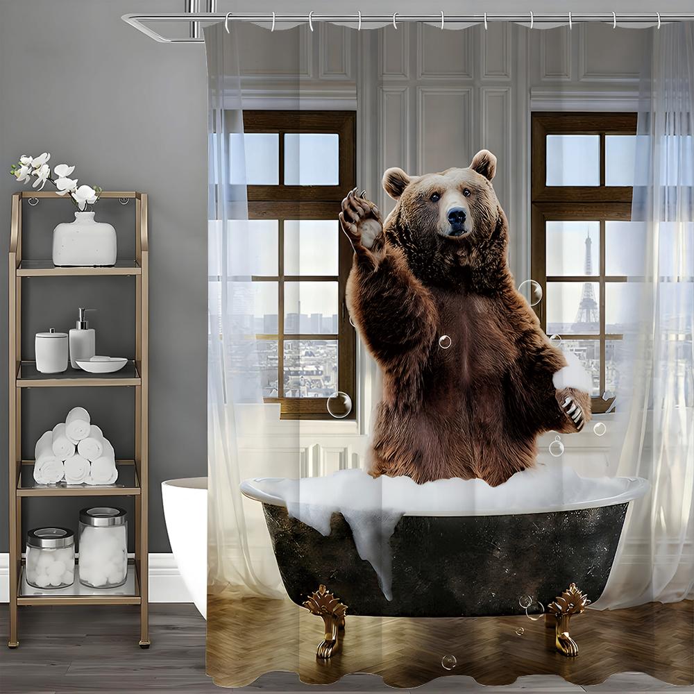 Braunbär steht in Badewanne und sagt Hallo Lustiger Duschvorhang, Dekorativer Duschvorhang für Badezimmer, Wasserdichter Duschvorhang wi 180*180cm