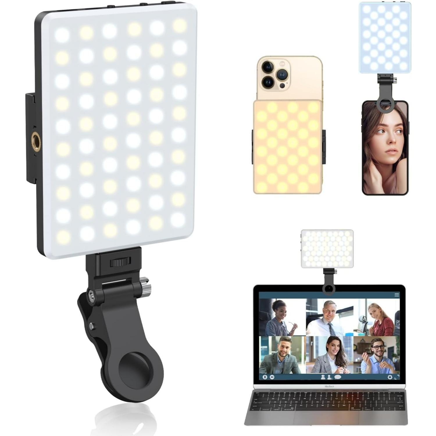Handy-Licht mit Vorder- und Rückseiten-Clip, 60-LED tragbares Licht mit 3 Modi, 5000mAh wiederaufladbares Videolicht für Handy, Laptop, Make-up, Live-Stream, Vlog S1
