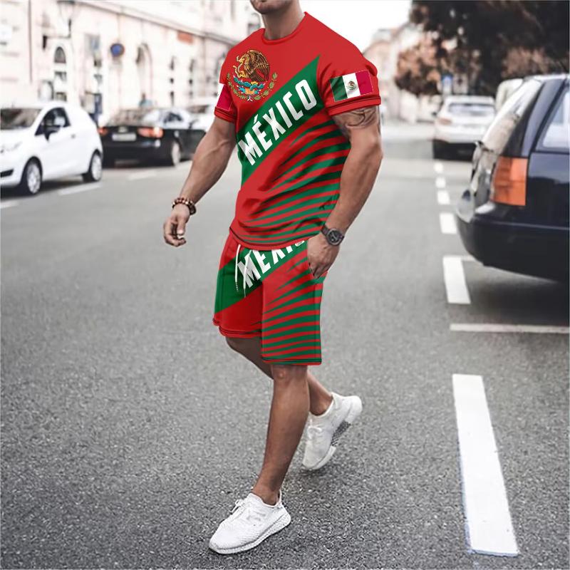 Herren T-Shirt S Mexikanische Flagge Herren Kurzarm T-Shirt Shorts Set 2-teiliges Sportset Herren Bedruckter Anzug Lässig Herren Kleidung L