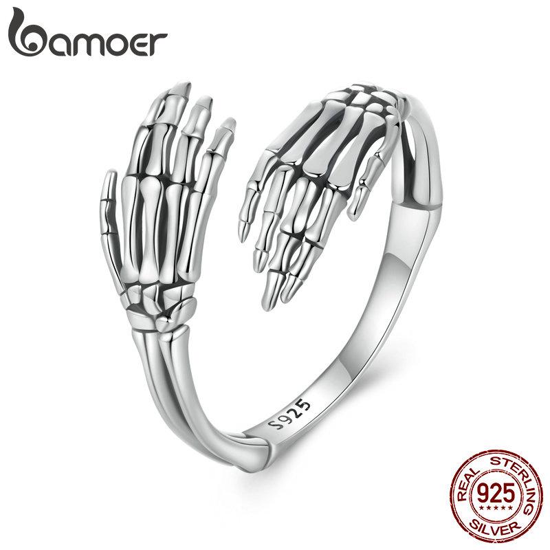 BAMOER 925 Sterling Silber Umarmung Hand Öffnungsring Für Frauen Schmuck Schädel Offener Ring Vintage Oxidiertes Silber Einfachheit Ring Geschenk 0.2cm silber