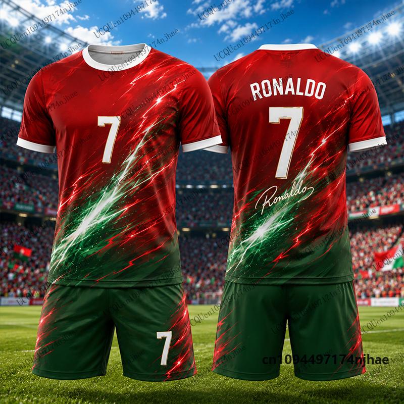 2-teilige Outfits Kinder Trainingsanzug Fußballtrikot Ronaldo #7 Aufdruck T-Shirt+Shorts Set Freizeitanzug Sport Kinderkleidung 120