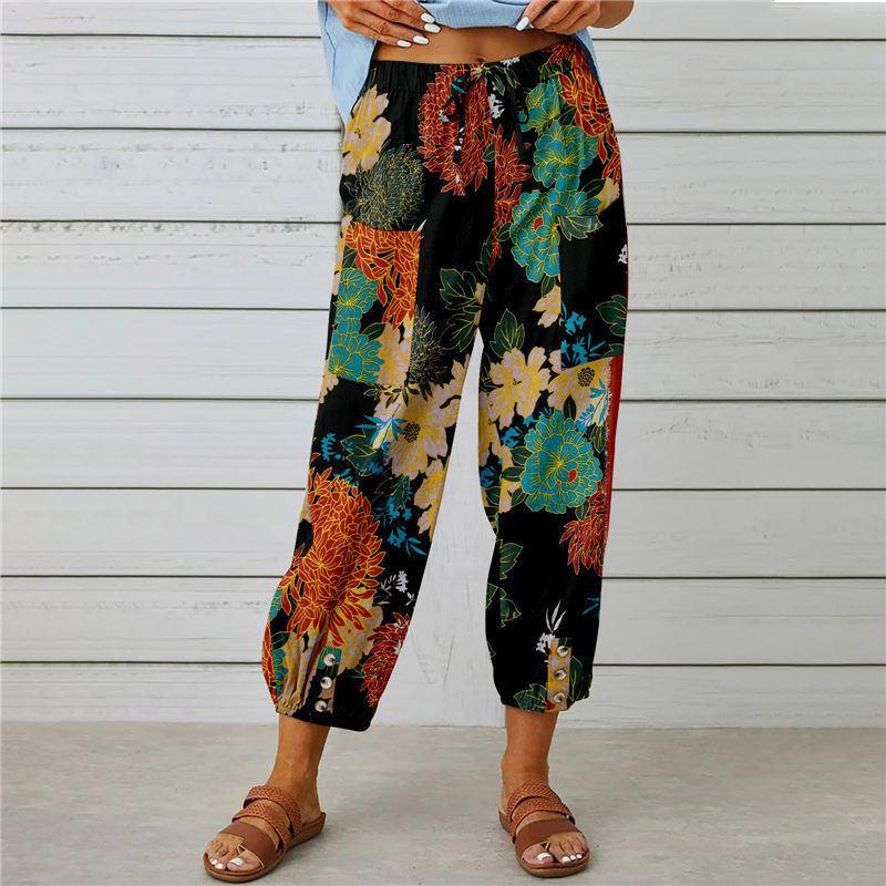 Sommer frauen Hosen Baumwolle Leinen Hohe Taille Kordelzug Neun-viertel Hosen Elastische Taille Bundle Fuß Mund Retro Druck hosen XL schwarz