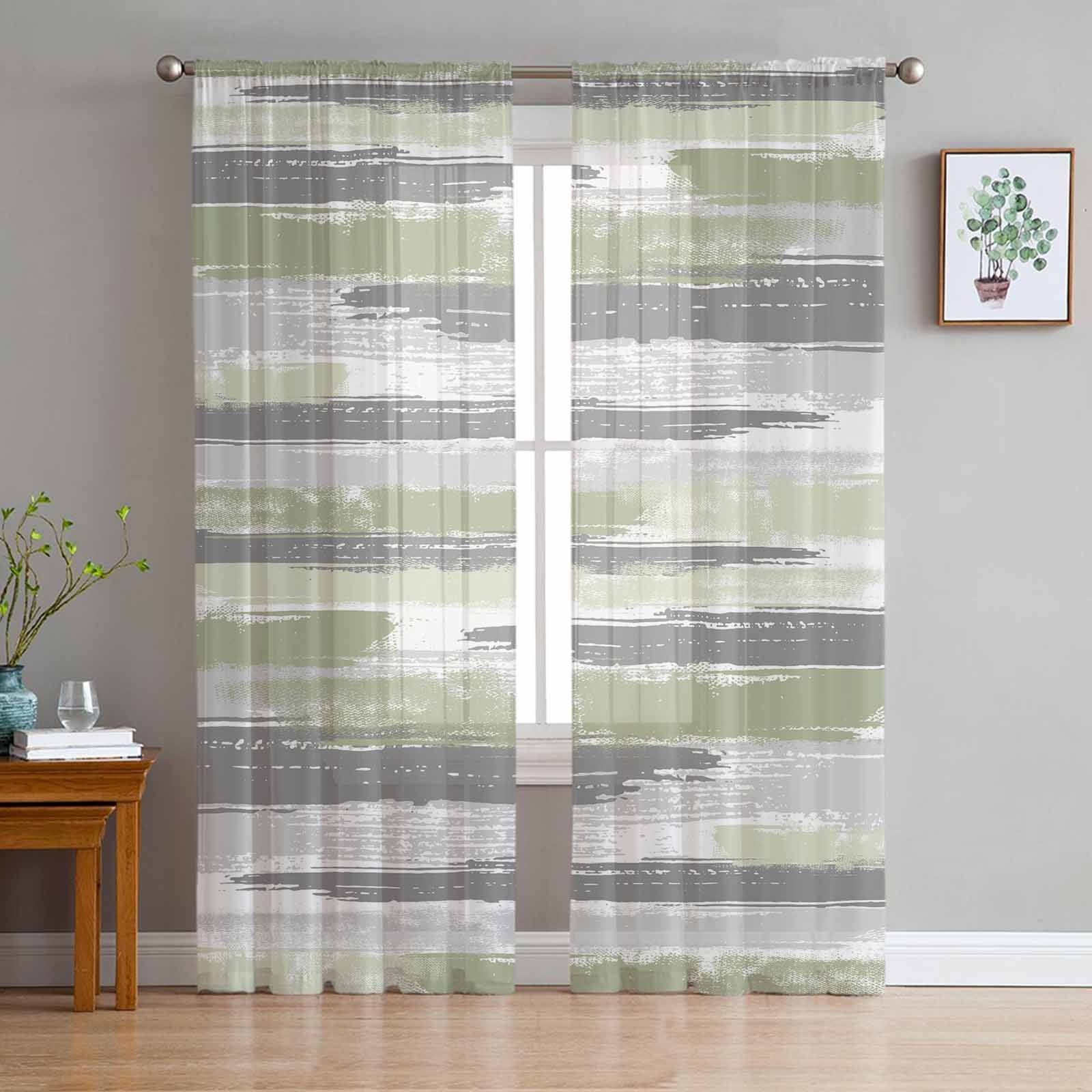 Geometrische Linienmalerei Salbeigrün Transparente Vorhänge zur Wohnzimmerdekoration Fenstervorhänge Küche Tüll Voile Organza Vorhänge W135 x H215cm x1