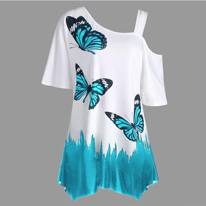 Frauen Mode Schmetterling Druck Eine Schulter Kurzarm Tunika T-shirt Lose Bluse Tops Plus Größe Mode T-shirt XXXL see-blaue