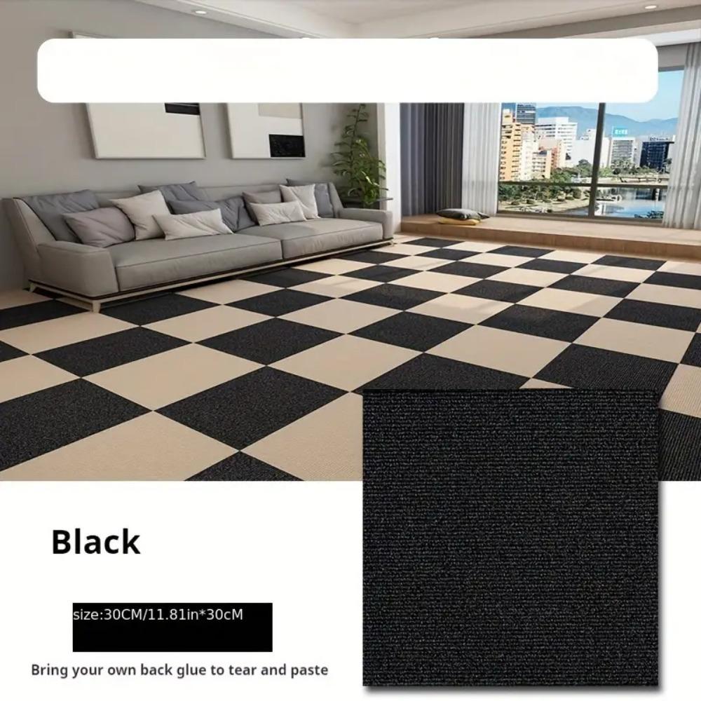 Quadratische, selbstklebende Teppichfliesen für Büro und Zuhause, rutschfester Polyesterteppich mit Schaumstoffrücken, einfarbiges Muster, Dekoration für Büro und Veranda. 4PCS schwarz