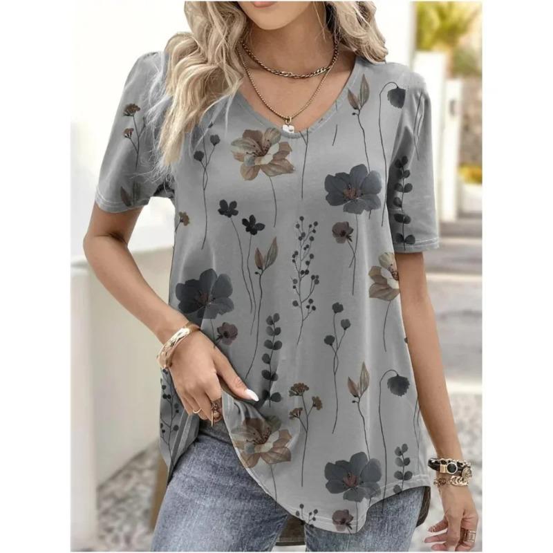 Mode Frau Blusen T-shirt frauen 3d Blume Drucken Weiß Kawaii V-ausschnitt T Shirt Weibliche Kleidung Übergroßen Sommer Tops T L