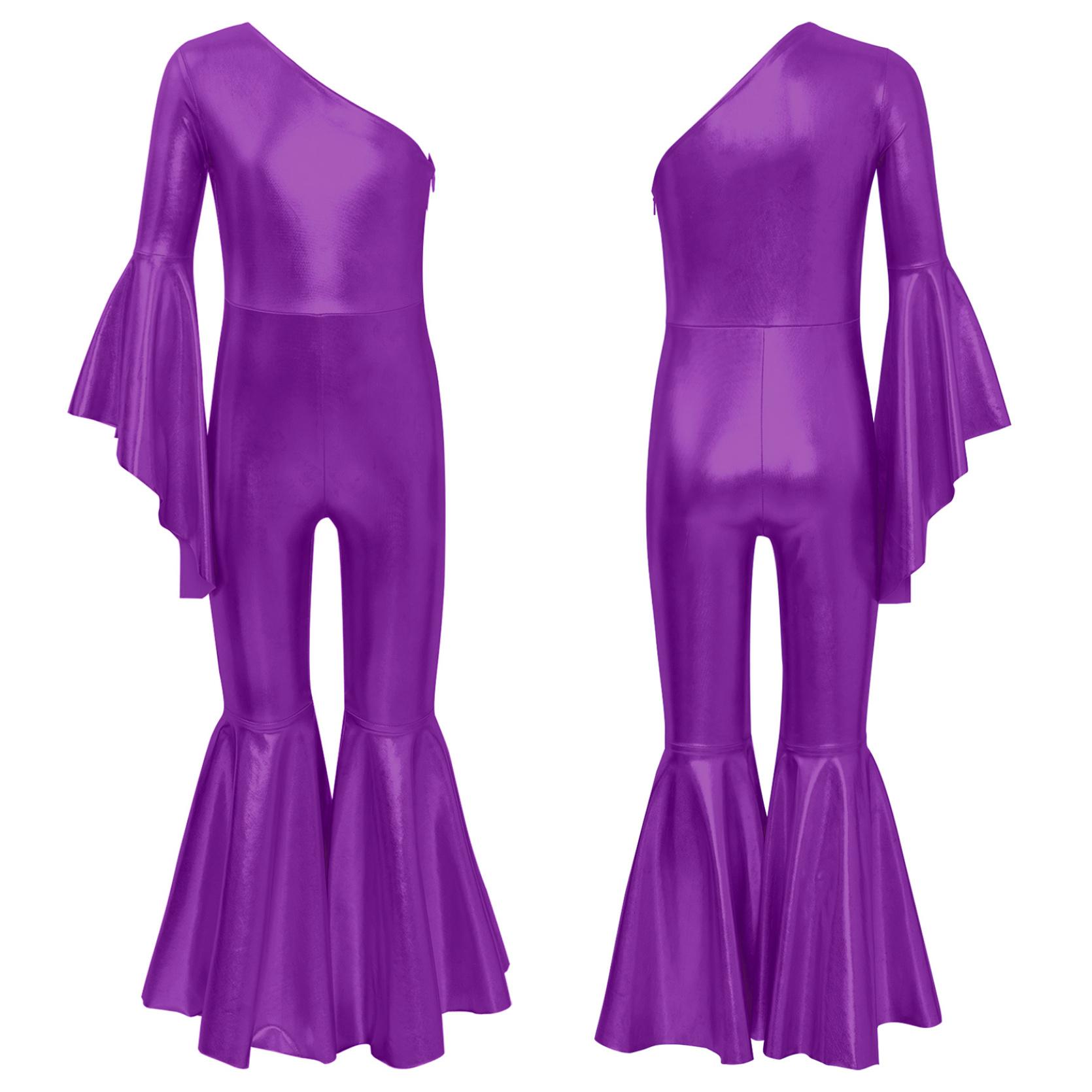 Kinder Mädchen Metallic Shiny Bell-Bottom Dance Overall Mode Eine Schulter Flare Hülse Body Karneval Motto Party 11-12 Years violett