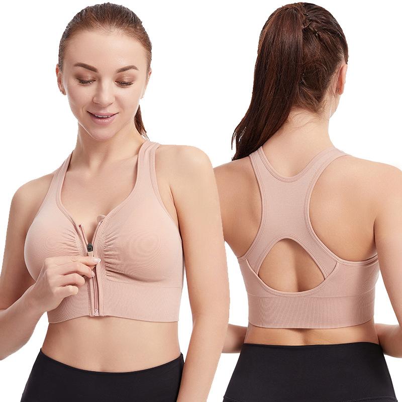Damen Sport-BH mit Bounce Control und Reißverschluss vorne, Sport-BHs mit Reißverschluss für Damen, Stütz-BHs, kabellose High Impact Workout-Yoga-Oberteile 2XL beige