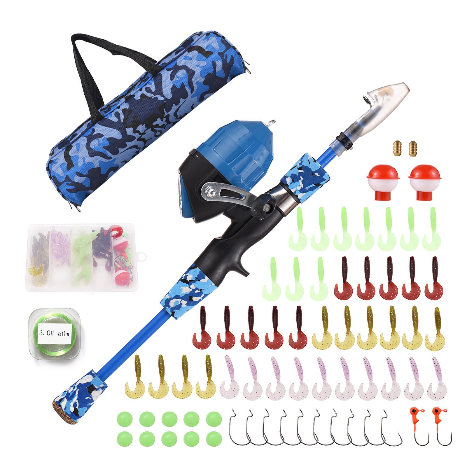 Angelset für Kinder, Teleskop-Angelrute und Angelrolle, Combo-Set mit Angelködern und Angelschnüren 1.5m blau