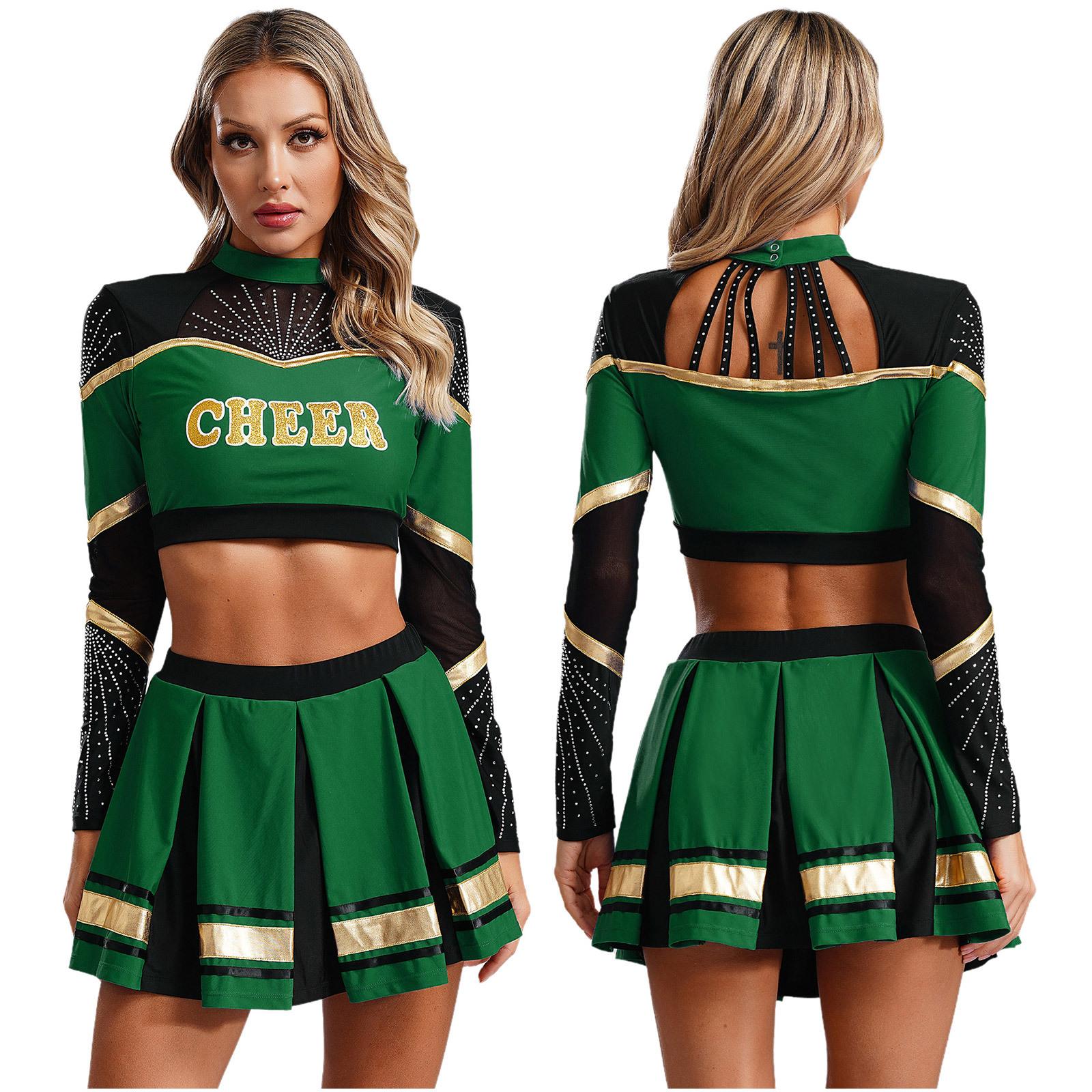 Cheerleader-Kostüme für Damen, Cheerleading-Uniformen, langärmeliges bauchfreies Top, plissierter A-Linien-Minirock, Performance-Tanzkleid XL grün