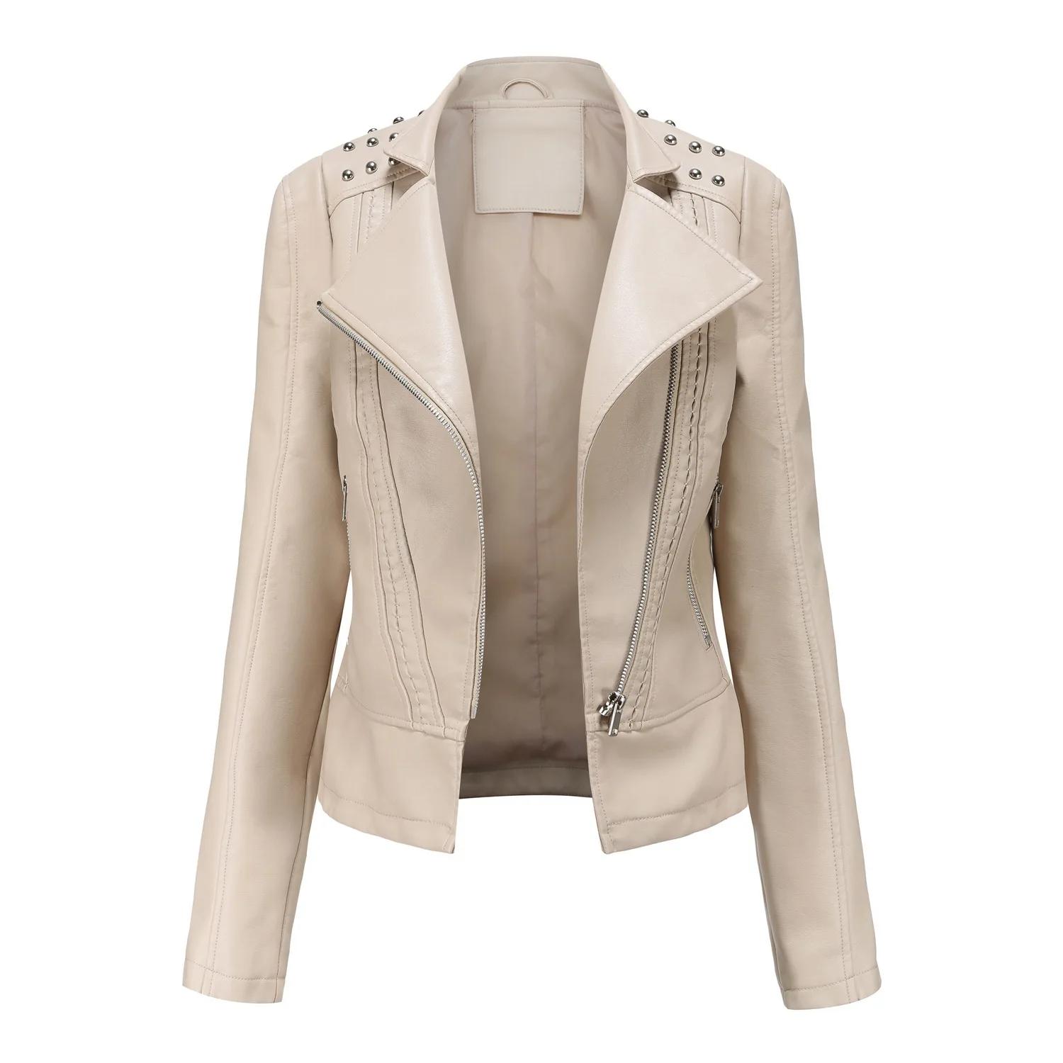 Damen Kunstleder Mantel Dünne PU Mäntel Umlegekragen Langarm Sexy Jacken Reißverschluss Lässig Spleiß Kurzjacke Slim Fit M beige
