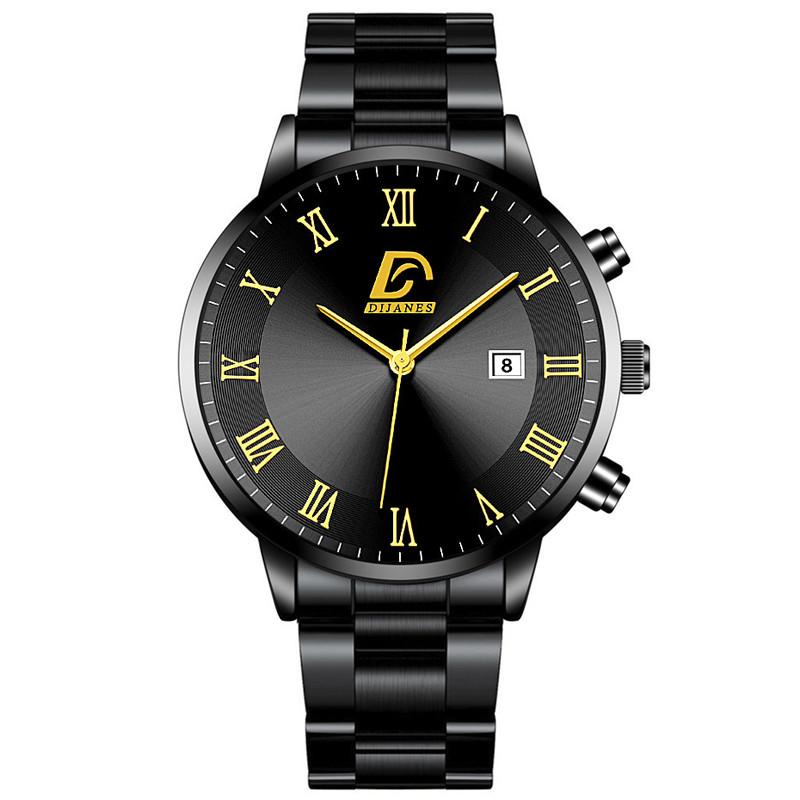 Mode Herren Gold Edelstahl Uhren Männer Business Casual Uhr Luxus Kalender Quarz Armbanduhr schwarz