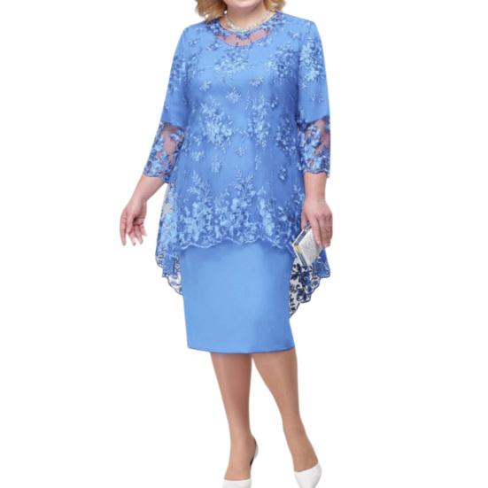 Oansatz Hohe Taille Plus Größe Midi Kleid Stickerei Spitze 3/4 Hülse Dame Abendkleid Weibliche Kleidung M himmelblaue