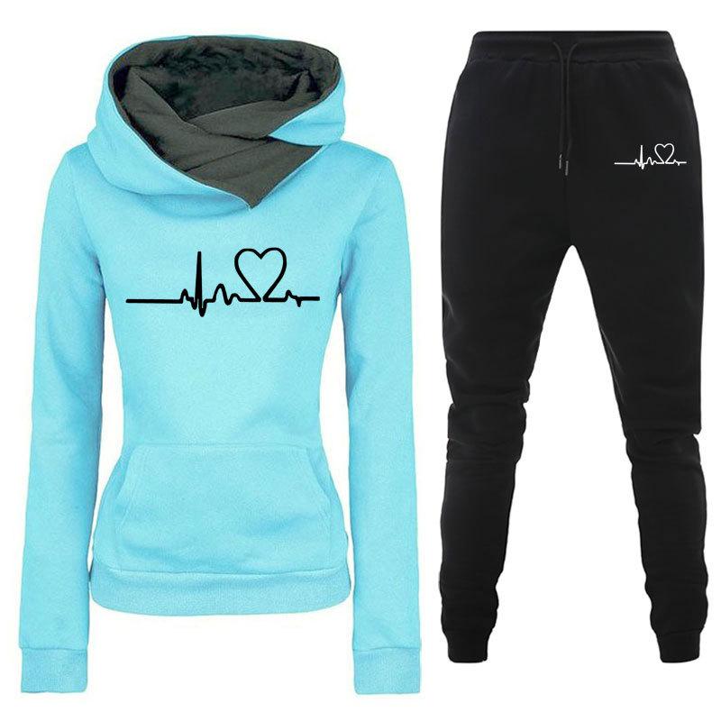 Frauen Casual 2 Stück Set Sport Trainingsanzug Langarm Hoher Kragen Hoodies Hosen Jogging Anzüge Sportswear S blau