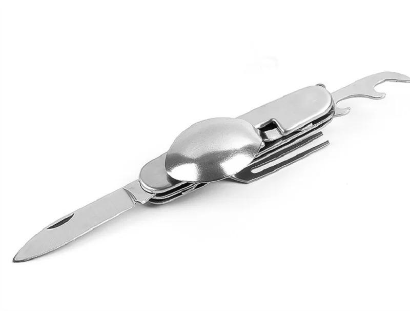 Multitool Tragbarer Picknick-Campinglöffel Falten Spork Gabel Besteck Geschirr Messer Besteck Flaschenöffner Multitool Outdoor