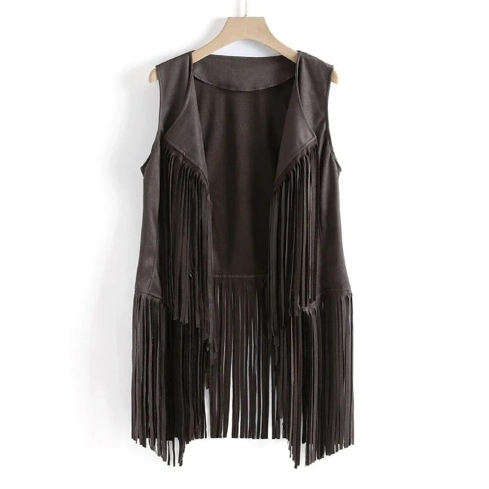 Damen Vintage Faux Wildleder Ethno Ärmellose Jacke Lange Fransen 70er Jahre Hippie Cardigan Jacke Disco Prom Party Weste Jacke M graue