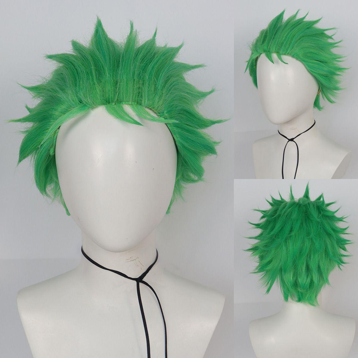 Synthetische Universelle Anime Cosplay Perücken, Hitzebeständige Perücken, Stachelige Gestufte Kurze Gerade Haarperücken für Party Halloween Perücke Green-12inches gray