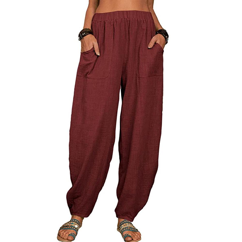 Haremshose für Damen, Sommer, lässig, Retro, große Größe, Hose aus Baumwolle und Leinen, elastische Taille, Hose mit weitem Bein, Haushose 5XL wein rot