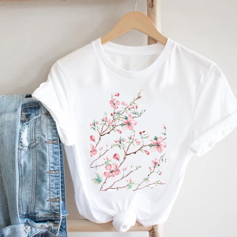 (Asiatische Größe) Kurzarm T-Shirt Top Mode T-Shirt Kleidung 90er Jahre Blumen Frühling 90er Jahre Casual Damen Print Sommer Dame Weiblich Grafik T-Shirt S