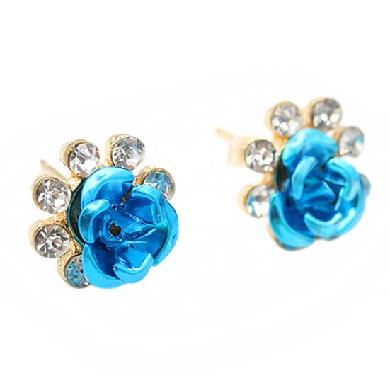 Damenmode Rose Blume Ohrstecker Strass eingelegte Ohrringe Schmuck Geschenk hellblaue