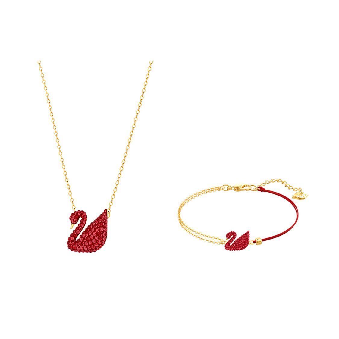 Swarovski Iconic Swan Vergoldetes Anhänger Halskette Armband Set Rot Damen Halskette, Armband 5468352 Box (Random Color)