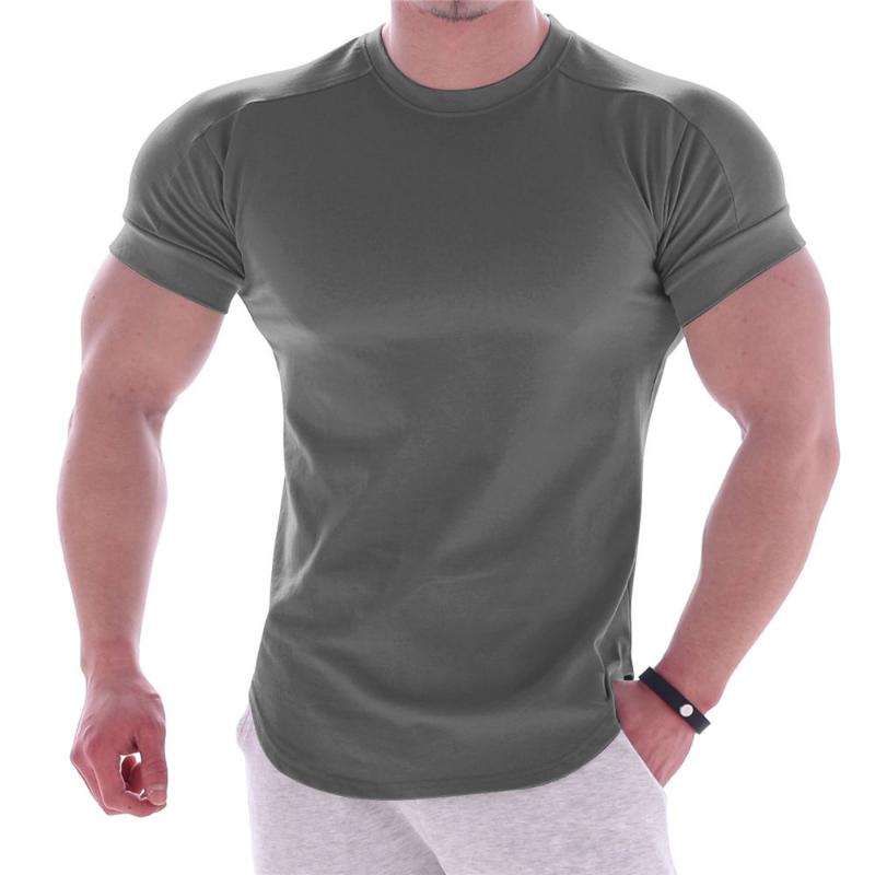 Muskulöse Herren-Fitness-Kleidung, Sport-T-Shirt, eng anliegend, elastisches Training, schnell trocknende Kleidung, lässig, kurze Ärmel L dunkelgrau