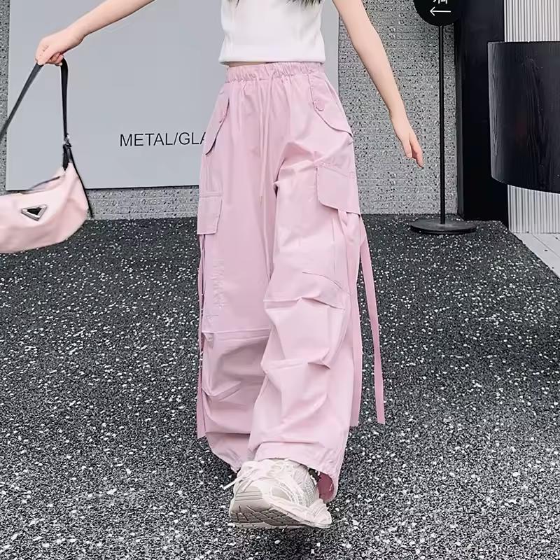 Kinder Seiten-Webband-Design Cargohosen für Mädchen Mode Street Cargo Hosen Mit Tasche Kinder Teenager Jogginghosen 130 rosa