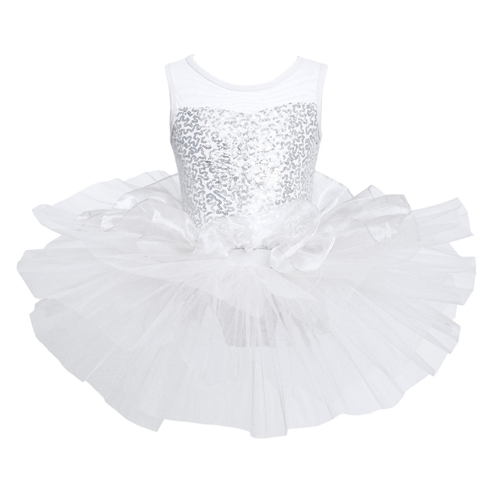 Kinder Mädchen Tanzkleid Ärmelloses Ballett-Trikot Tutu-Kleid Mesh-Splice-Kleid Gymnastik-Trikots 3-4 Years weiß