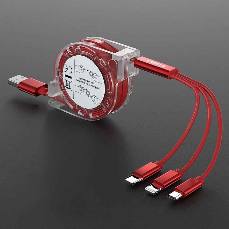 VAORLO 3-in-1-Ladekabel, einziehbar, USB-Aufladung für XiaoMi, HuaWei, Samsung, 2,4 A, schnelles Laden, tragbares Ladekabel, Micro-Typ-C, 8-polig rot
