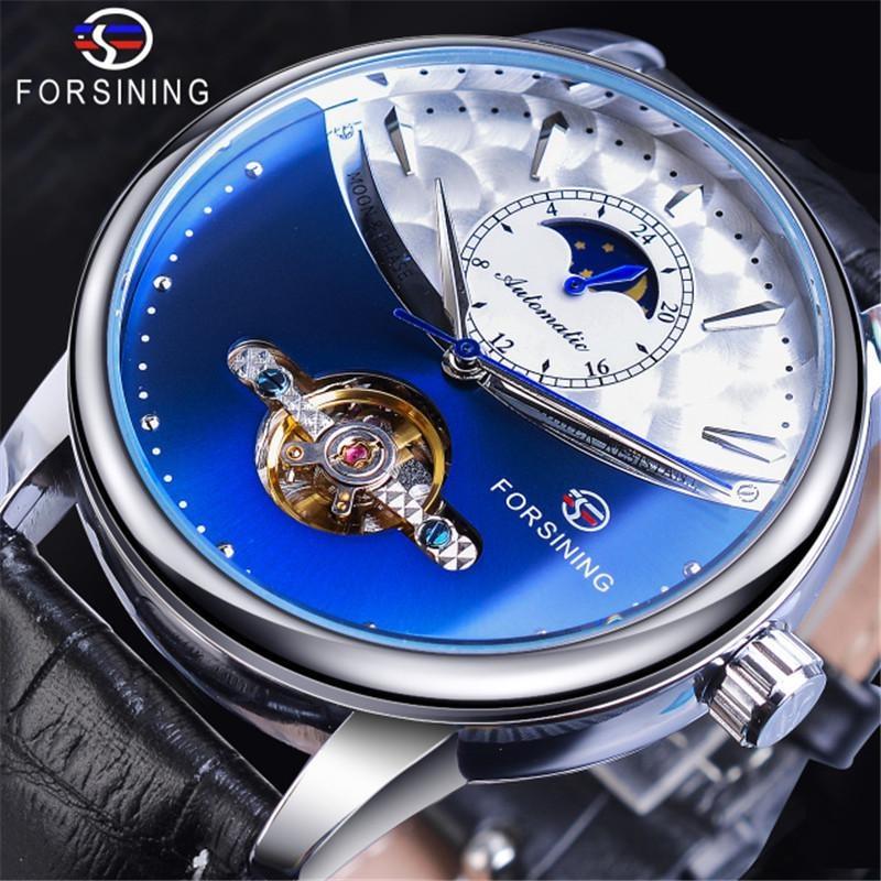 FORSINING Luxus Automatische Mechanische Uhren Herren Sonne Mondphase Tourbillon Uhr Wasserdicht Herren Armbanduhr blau/silber