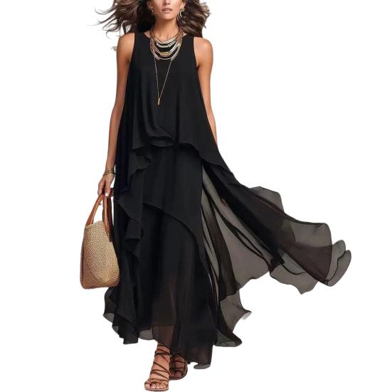Fließendes Chiffon-Kleid für Damen, Ärmellos, Rundhalsausschnitt, Asymmetrischer Saum, Langes Kleid, Sommerliches Lagen-Cocktail-Kleid, Kleid für Hochzeitsgäste XXL schwarz
