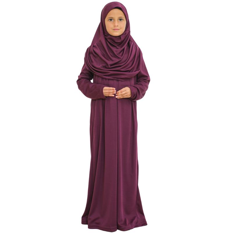 Gebetskleid für Kinder, muslimische Kleidung für Mädchen, langärmelig, Abaya mit Hijab, zweiteiliges Maxi-Islamisches Set, Schal, Kaftan, Jilbab violett