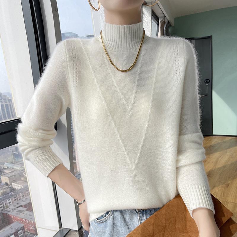 Einfarbiger Rollkragenpullover mit halbem Kragen in Übergröße, lässiges Langarm-Pulloveroberteil für Herbst und Winter, Damenkleidung in Übergröße L creme