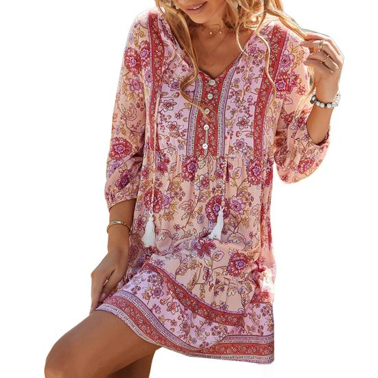 Damen-Boho-Kleid mit Blumenmuster, lässig, langärmelig, fließend, kurzes Kleid, lockerer V-Ausschnitt, Knopfleiste, A-Linien-Kleid, Mini-Strand-Sommerkleid S rosa