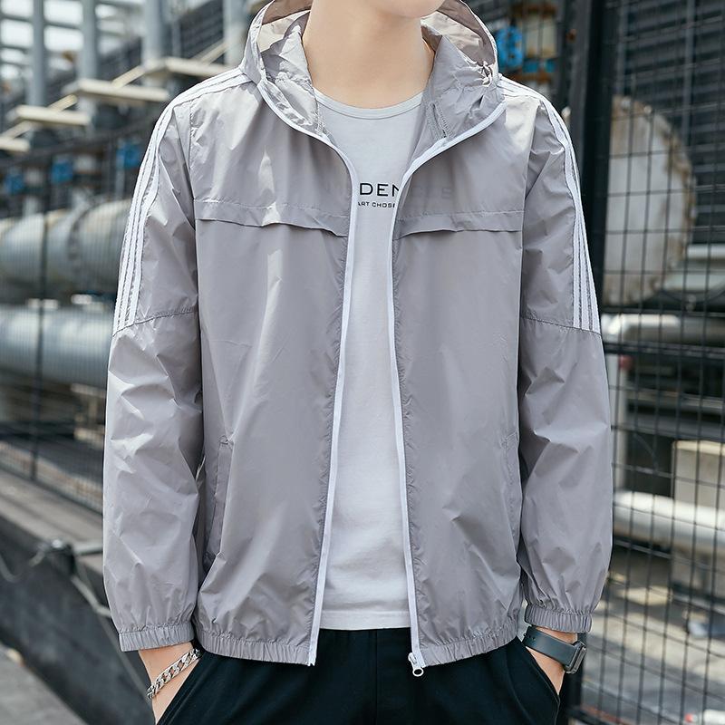 Sommer Sonnenschutzjacke Herrenmode All-Match Ice Silk Striped Kapuzenmantel Outdoor Casual Fishing Leichte Windjacke XL graue