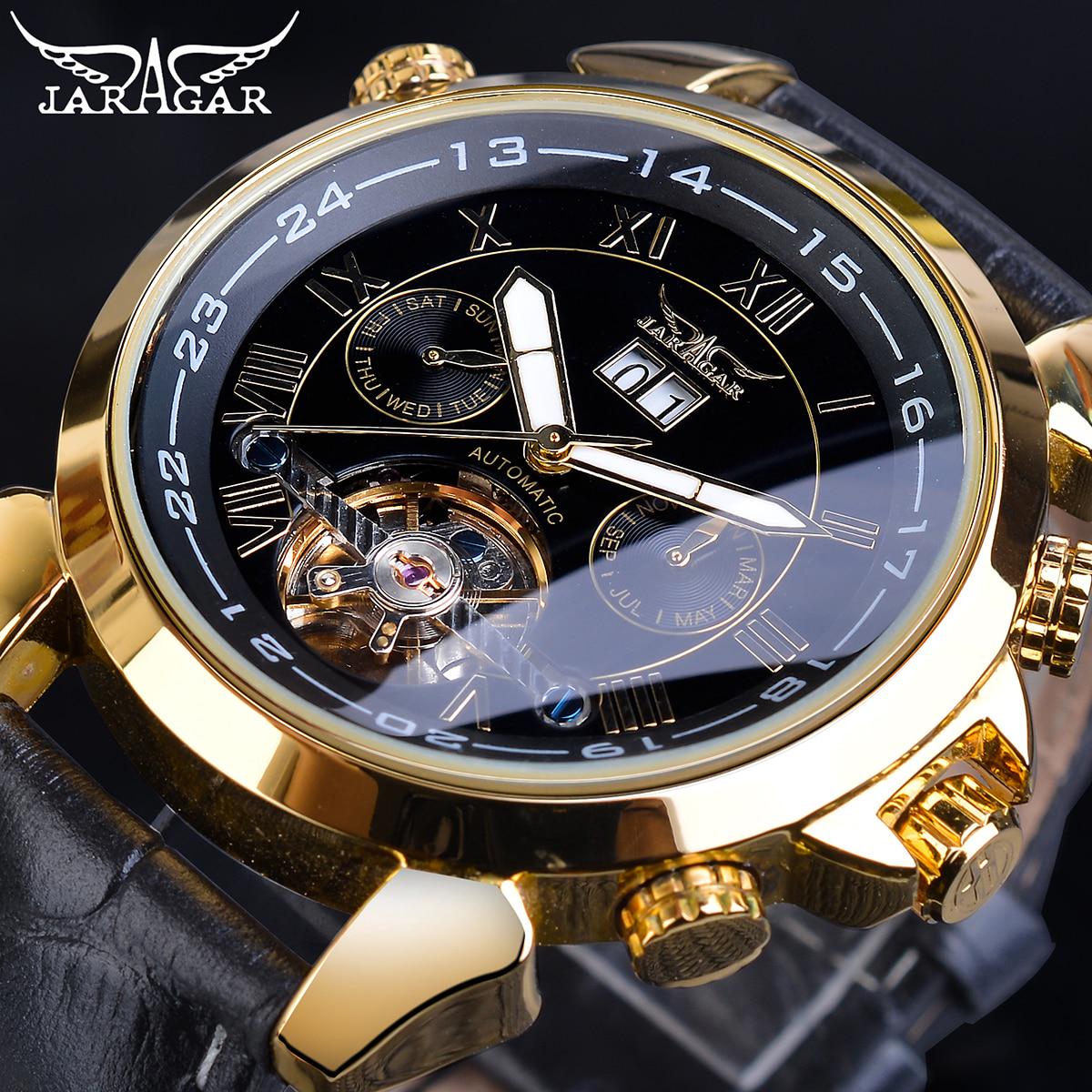 Jaragar Berühmte Herrenuhren der Top-Marke Luxus Tag/Woche Tourbillon Automatische mechanische Uhren Armbanduhr Geschenkbox schwarz