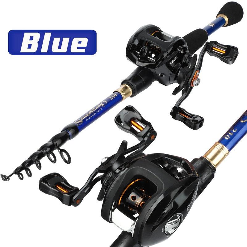 Teleskop Angelrute 12 + 1BB Baitcastingrolle Bass Süßwasser Salzwasser Outdoor Reise Angelgerät Angelrute Combo 2.4M Rod&Reel Right Hand blau