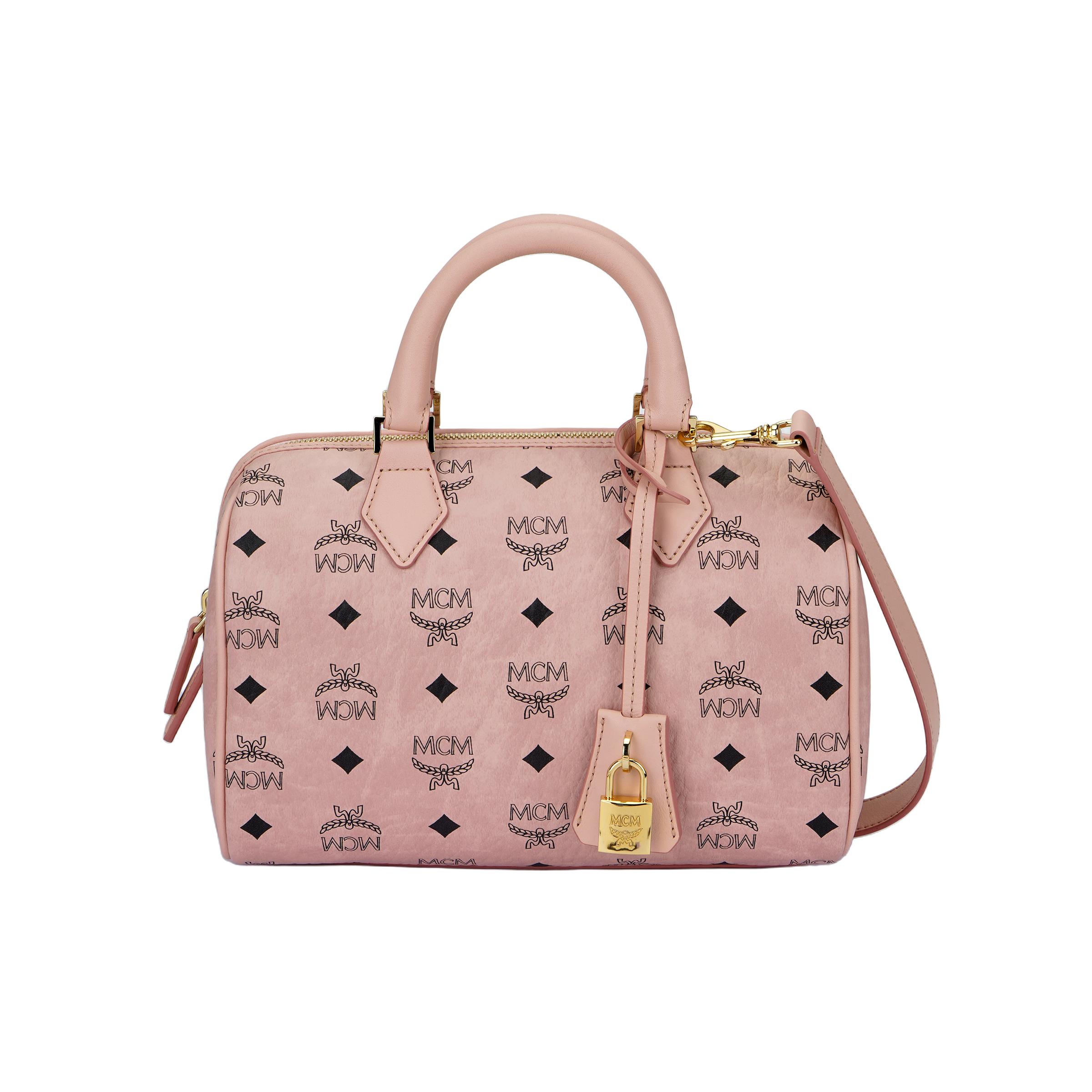 MCM Visetos Abnehmbare Verstellbare Leder Schultertasche Mit Goldfarbenen Metallakzenten Ineinander Gewebtes Buchstaben Canvas Boston Tasche Damen Handtaschen Rosa MWBESEA02PZ001 Basic Set (Bag+Dust Bag)