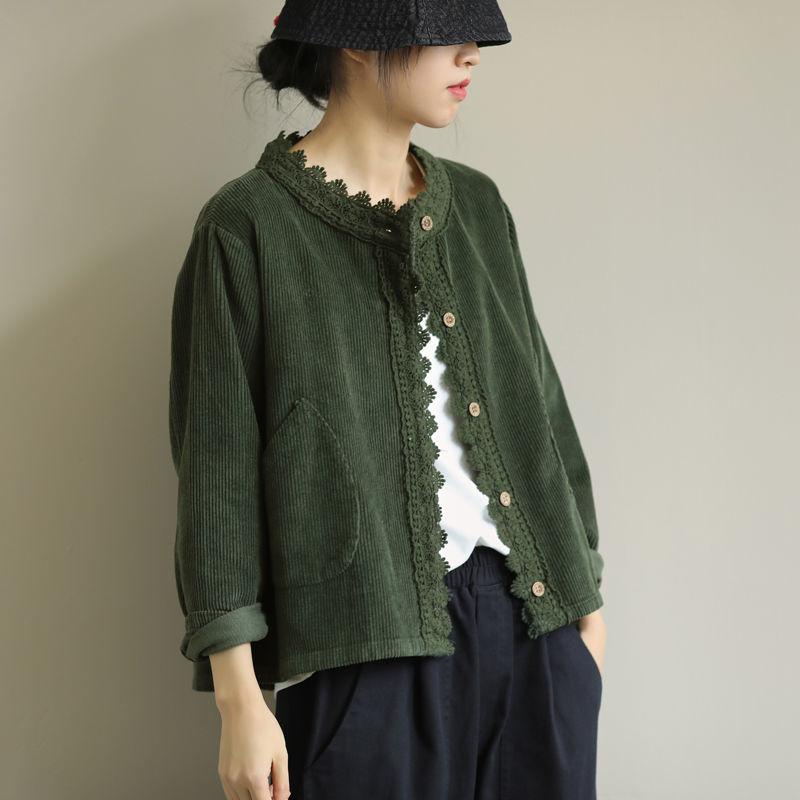 Vintage Kleidung Cord Hemd Jacke Frauen Spitze Stich Lose Herbst Damen Mantel O Neck Beiläufige Kurze Jacke S grün