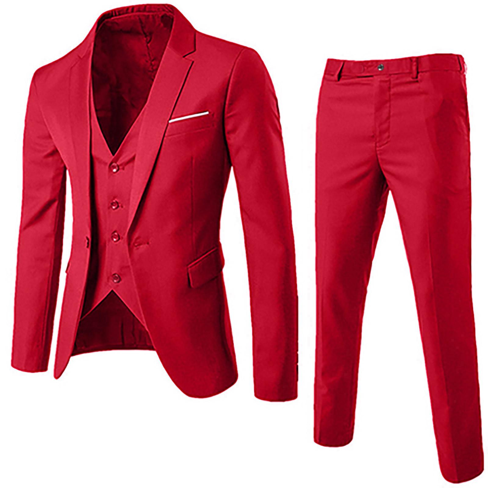 Herrenanzug Slim 3-teilig Anzug R Business Hochzeit Party Jacke Weste & Hose XXL weinrot