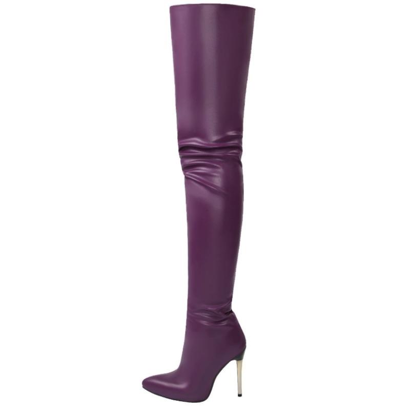 Mode Neu Sexy Mode Lackleder Damen Overknee Stiefel Schwarz Weiß Lange Stiefel Damen Spitzschuh Klassische High Heels Schuhe Groß 40 violett