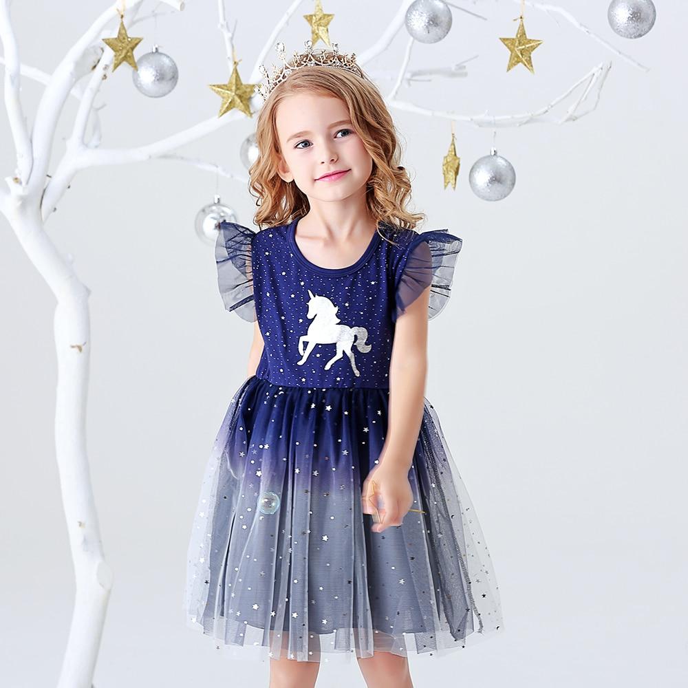 DXTON Mädchen Kleidung Sommer Prinzessin Kleider Fliegende Ärmel Kinder Kleid Einhorn Party Mädchen Kleider Kinder Kleidung 3-8Y 110