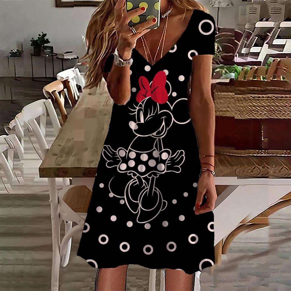 Neue 2024 Sommerkleider Damen Disney Mickey Mouse Print Kleid Damen Kleidung Casual Retro Kurzarm Lose Plus Size Kleid 5XL