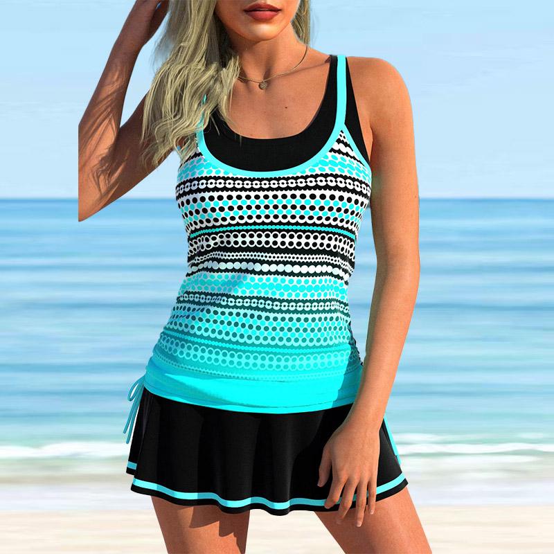 Damen-Badeanzug mit Schultergurt, hellblauer Wellen-Print, Bikini-Tankini-Badeanzug L cyanblau