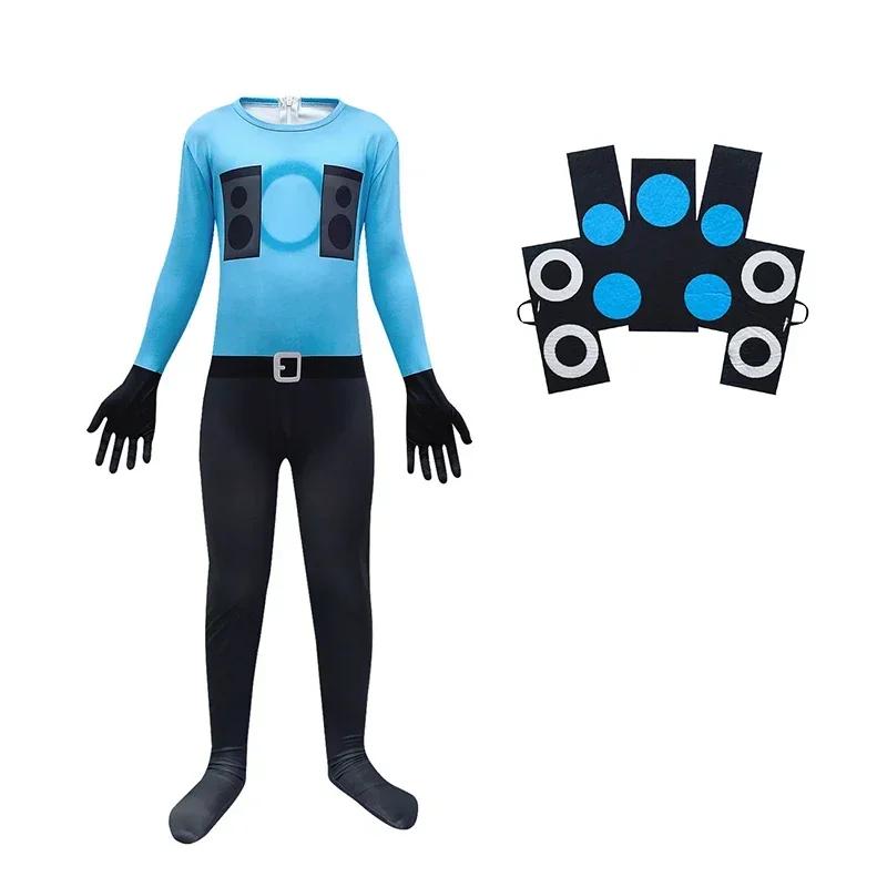 Skibidi Toilettenkostüm, Spiel, Cosplay, Lautsprecher, Mann, TV, Mann, Bodysuit, Overall, Maske, Cosplay, Halloween, Kostüme für Männer und Kinder 150 blue