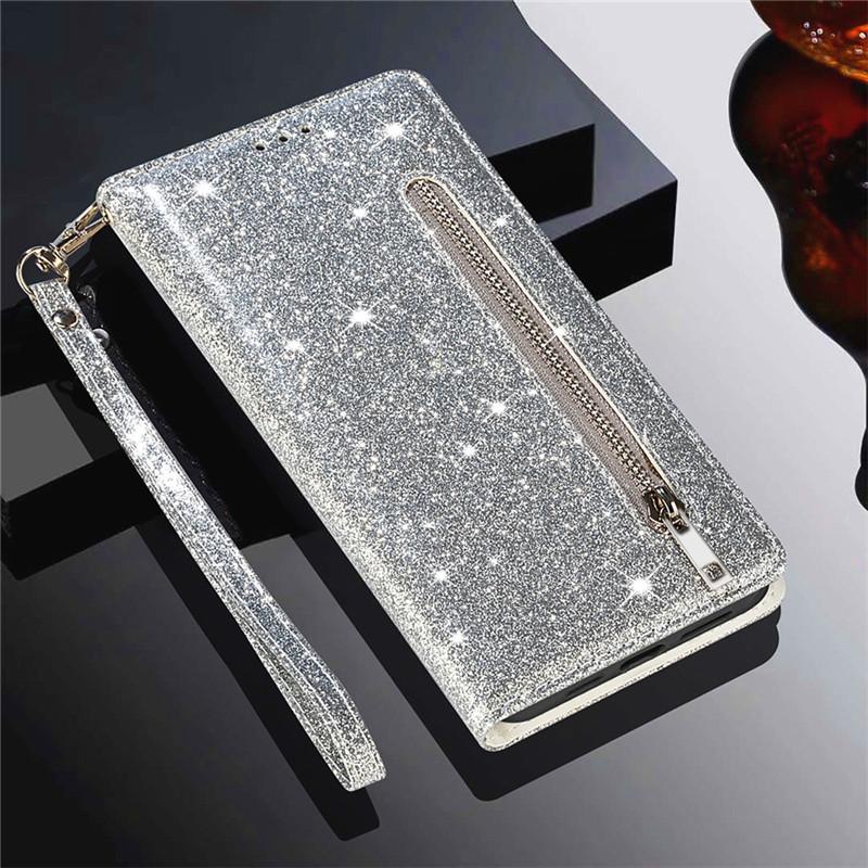 Glitzer Leder Hülle für Samsung Galaxy S26 S25 S24 Ultra S23 FE S22 S21 S20 S10 Plus Reißverschluss Flip Wallet Handyhülle Galaxy S24 Plus silber