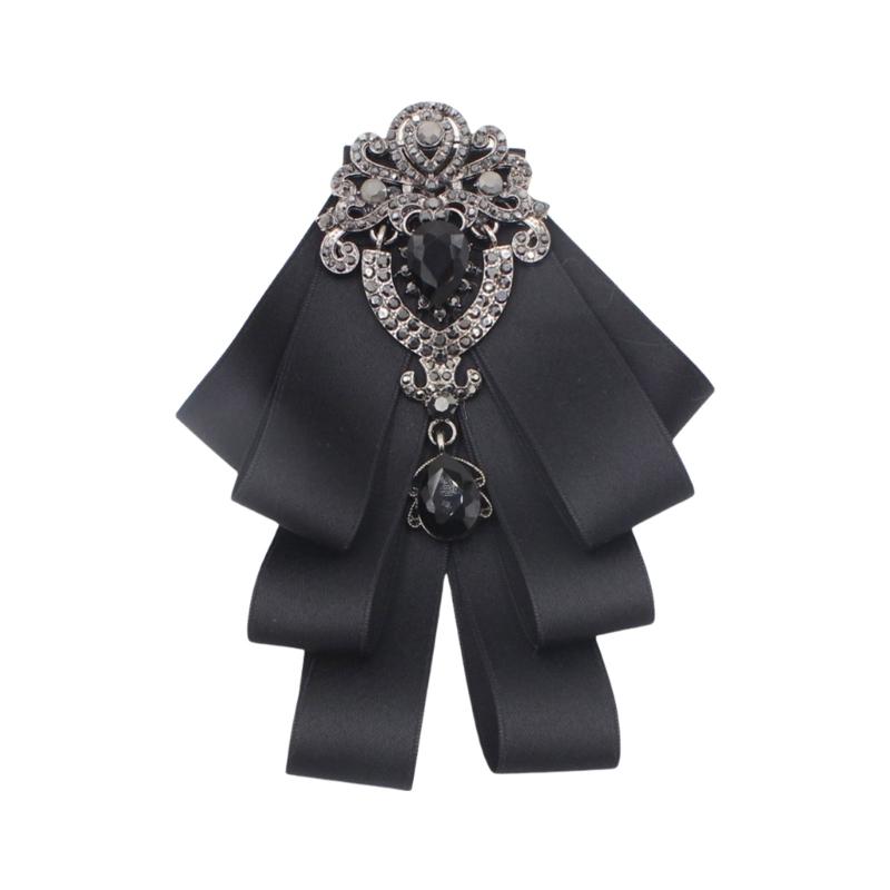 Herren Damen Seidenband Fliege Jabot Kragen Vintage Kristall Strass Krawatte Hochzeit Fliege Brosche Pin Vorgebundene Krawatte schwarz