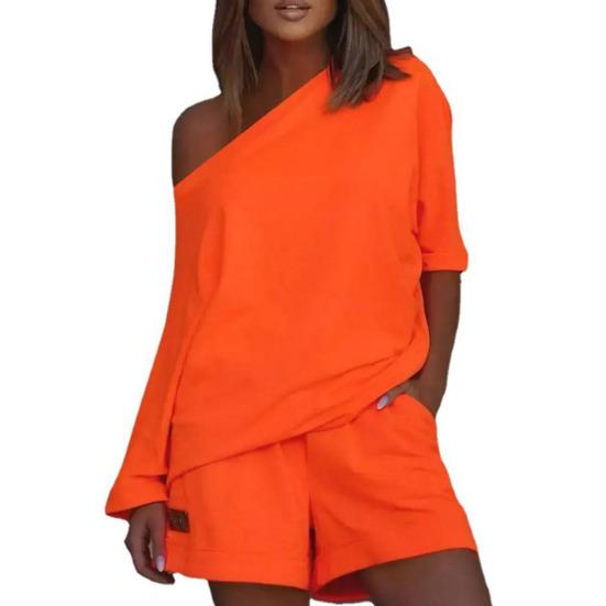 Sommer-Top-Set, beliebtes einfarbiges, übergroßes Damen-Shorts-Set, helles Damen-Trainingsanzug-Set, Damen-Shorts-Set für zu Hause XL orange