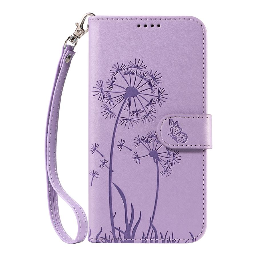 Geprägtes Löwenzahn Premium Leder Handyhülle für iPhone 16 15 14 13 12 11 16 Plus 16e 16 Pro Max 15 Plus 14 Pro XR 7 8 Plus Brieftasche mit 2 Riemen iPhone 14 Pro Max violett