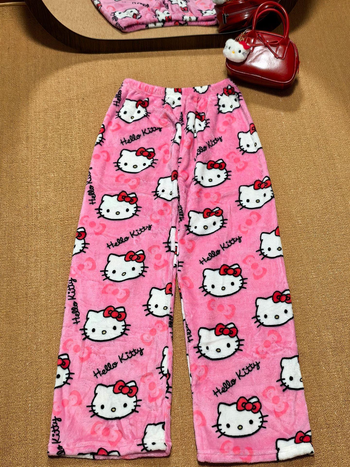 Große Größen Hello Kitty Schlafhose Niedliche Cartoon Loungehose für Damen Bequeme Lockere Baumwolle Pyjamahose Sommer Dünn XXL rosa